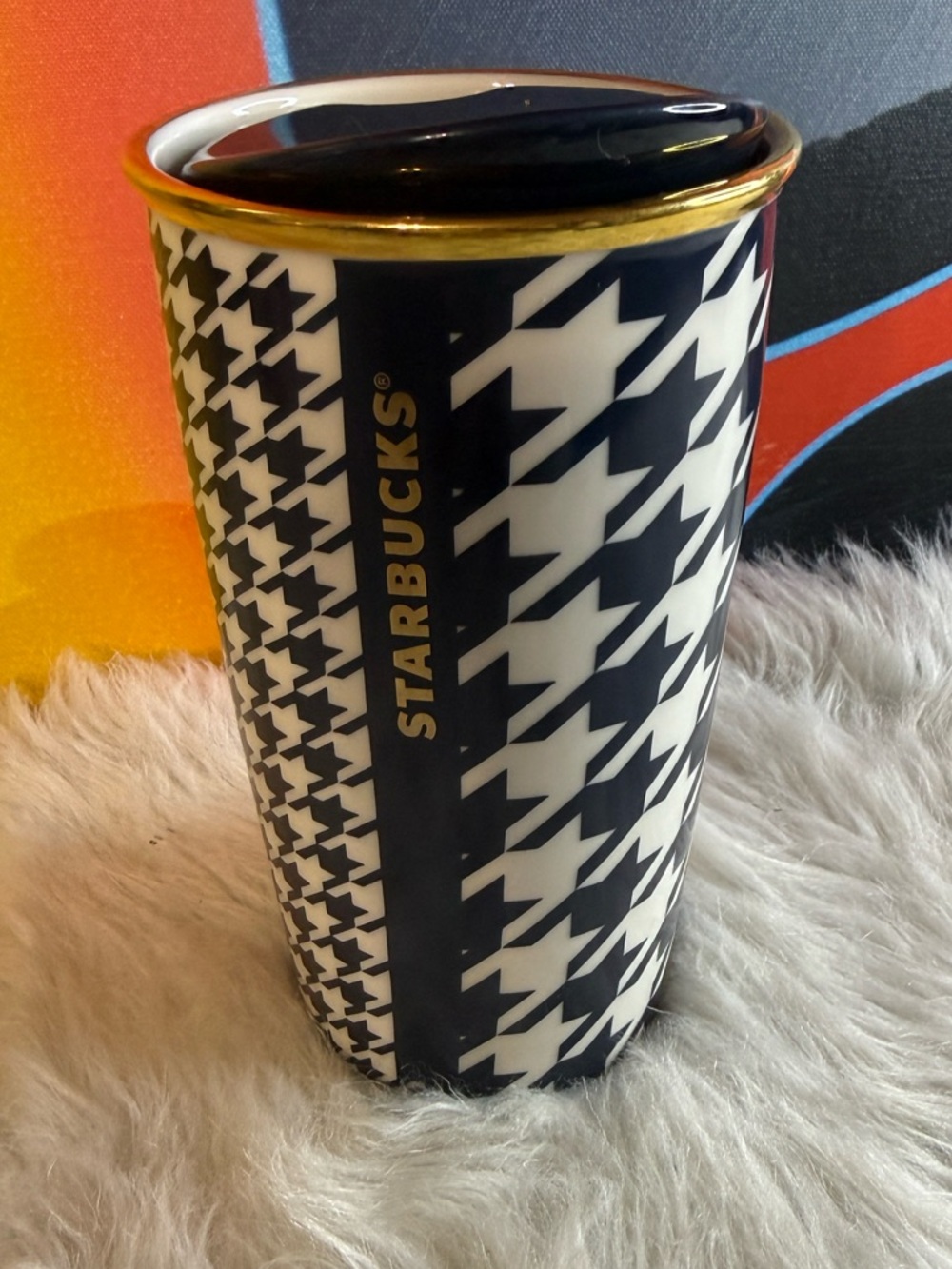 Starbucks Houndstooth Ceramic Tumbler 12oz Travel Mug Cup W/ Lid (TXAUP)